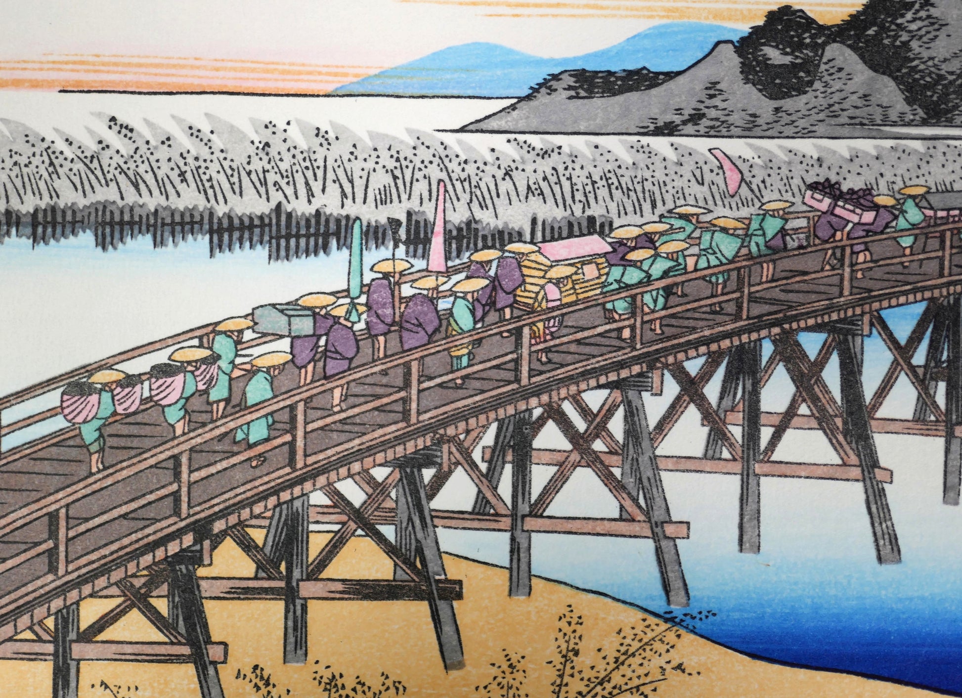 Détail de la procession de daimyō traversant le pont Yahagi à Okazaki, estampe ukiyo-e de Hiroshige issue des Cinquante-trois stations du Tōkaidō