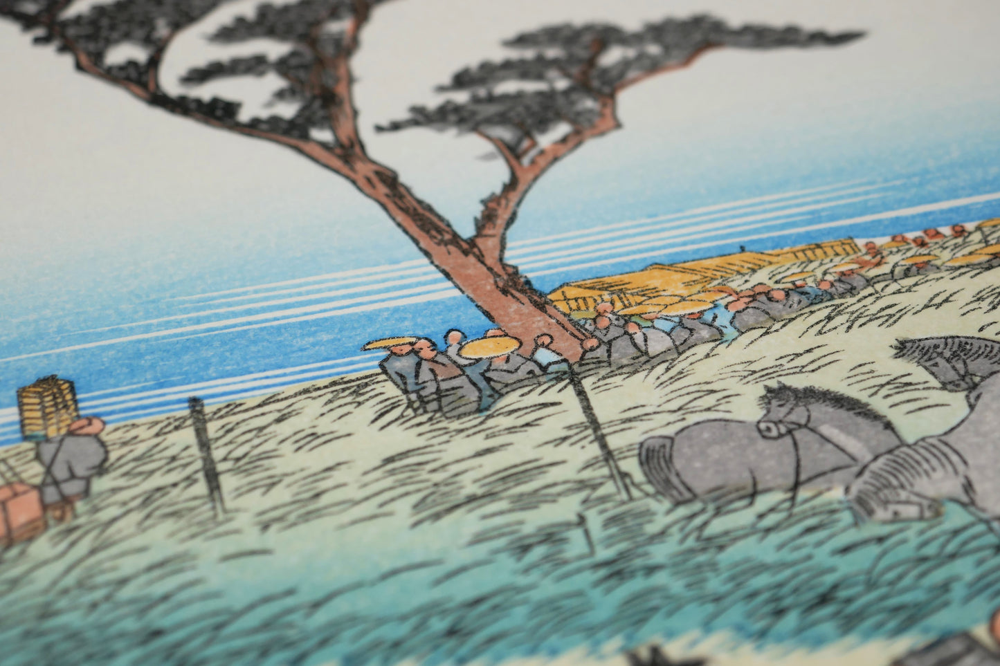 Détail de l’estampe japonaise Hiroshige Chiryū, marché aux chevaux du Tōkaidō, réédition Shōwa en gravure sur bois