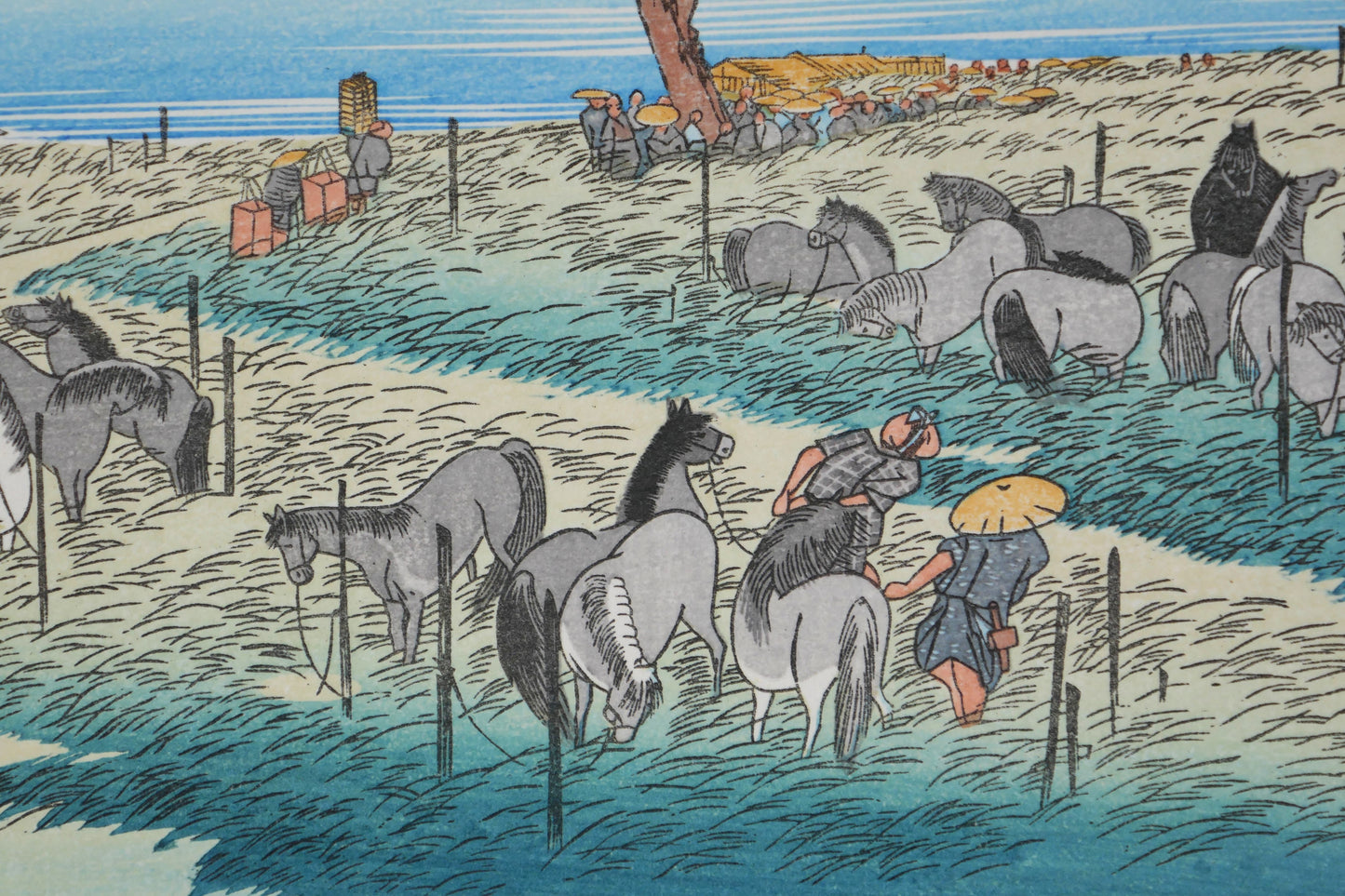 Chevaux et voyageurs sur la route du Tōkaidō dans l’estampe Chiryū de Hiroshige, scène japonaise inspirée de l’époque Edo