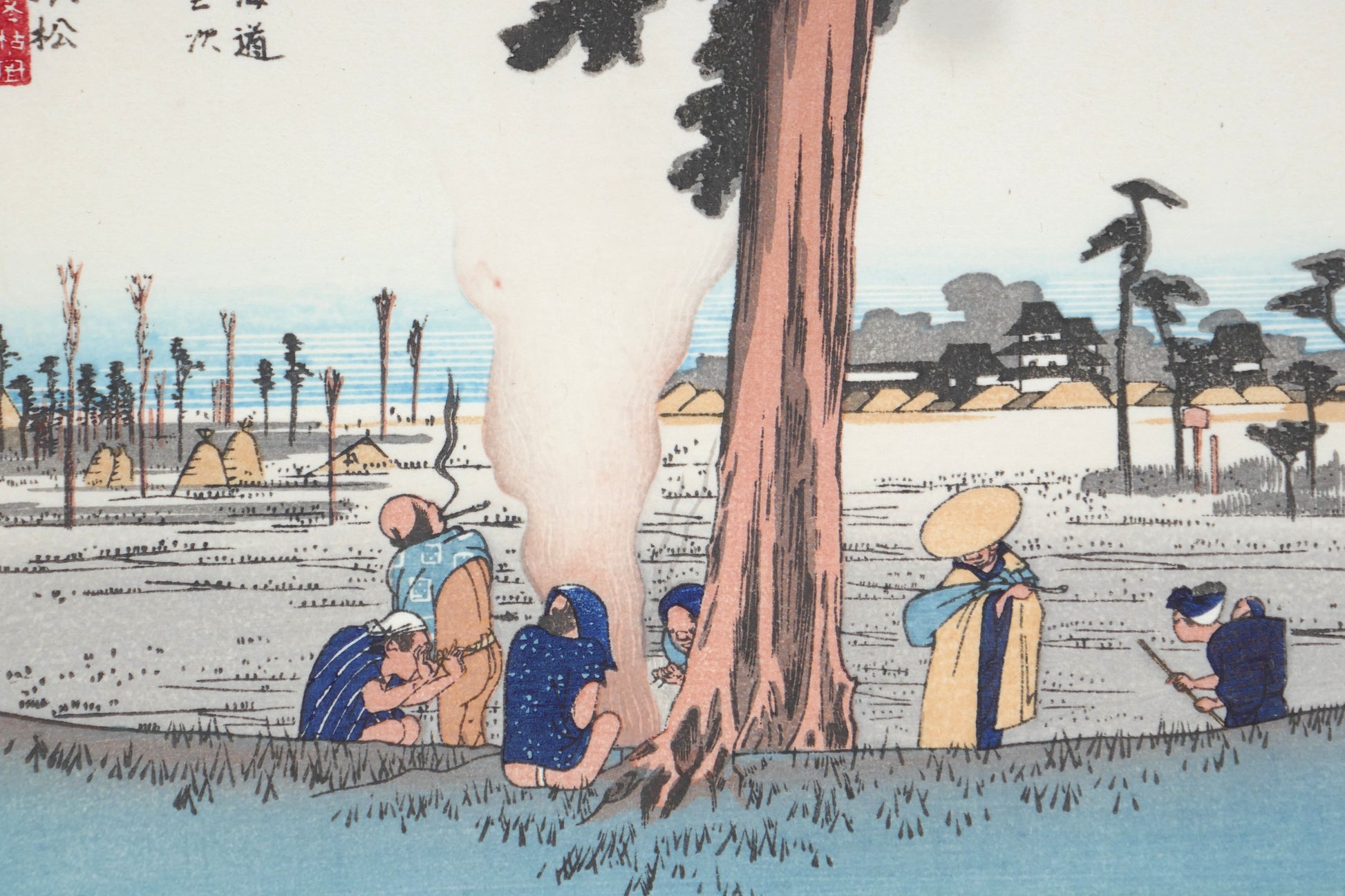 Voyageurs assis près d’un arbre – estampe Hamamatsu, 30e station du Tōkaidō