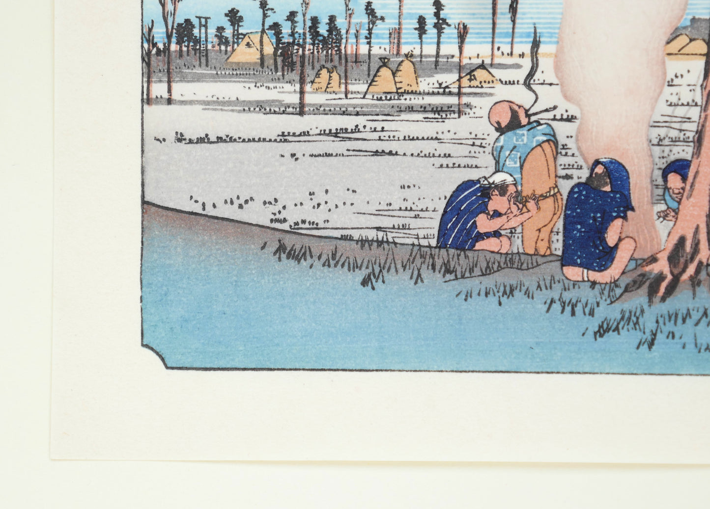 Détail des voyageurs dans la campagne enneigée – Hamamatsu, Hiroshige, estampe Tōkaidō