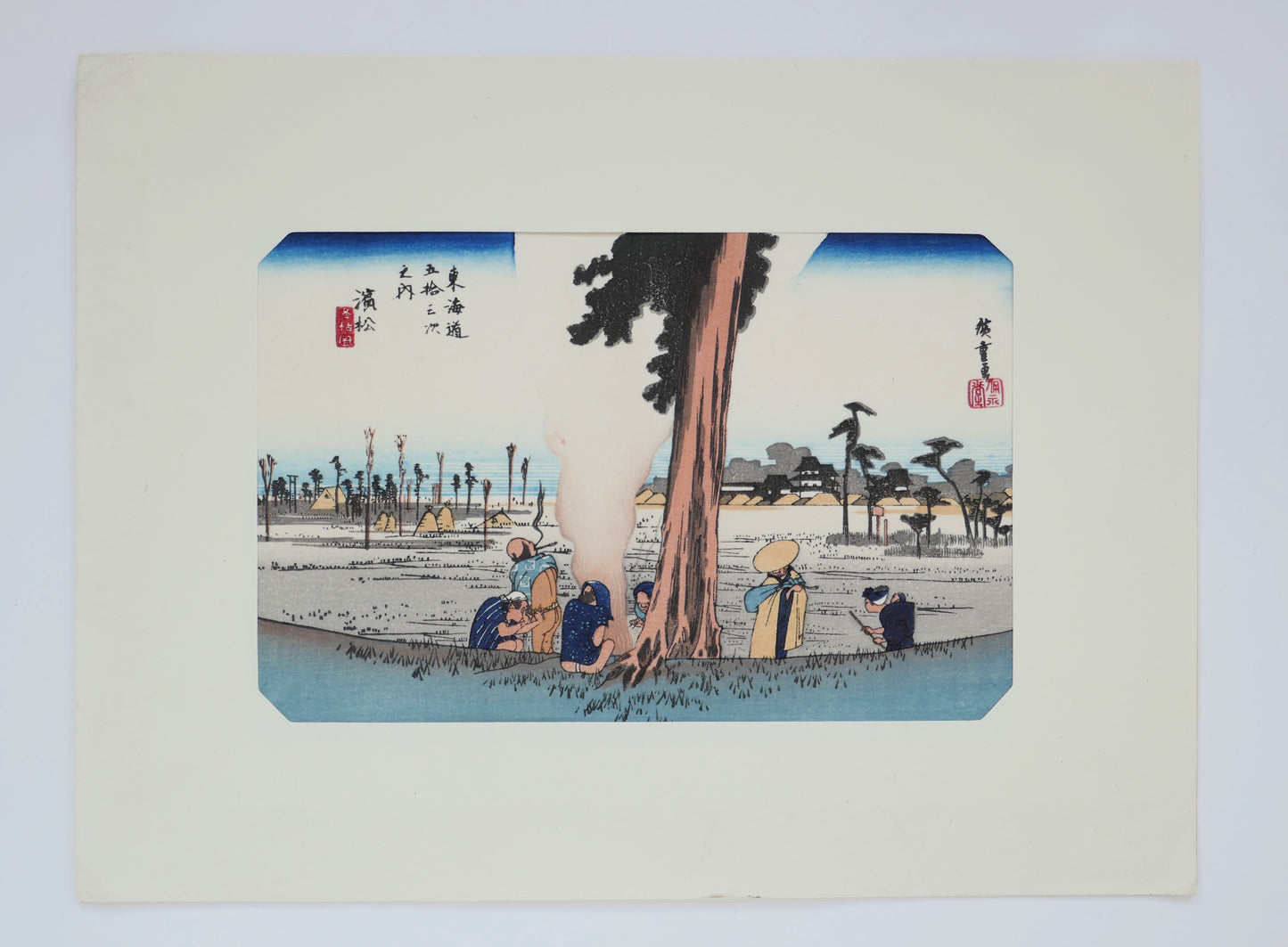 Estampe Hiroshige Hamamatsu avec marie-louise – détail des voyageurs à droite, scène d’hiver