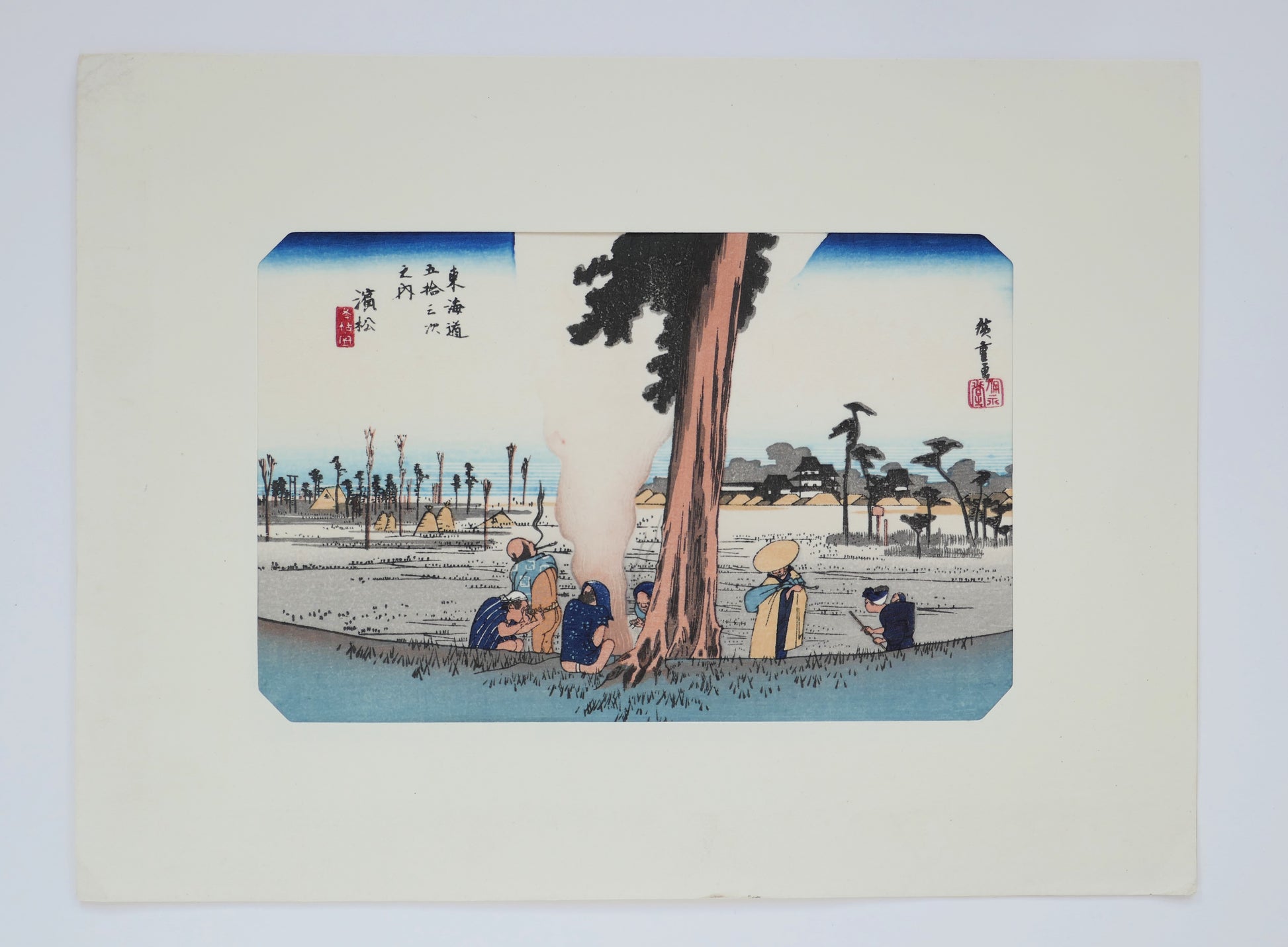 Estampe Hiroshige Hamamatsu avec marie-louise – détail des voyageurs à droite, scène d’hiver