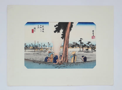 Estampe Hiroshige Hamamatsu avec marie-louise – détail des voyageurs à droite, scène d’hiver