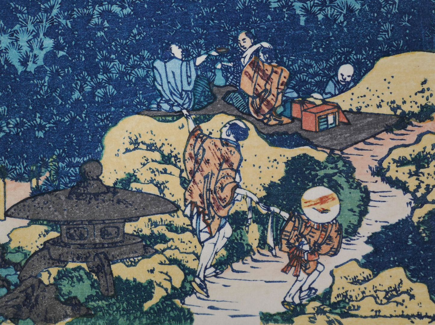 Voyageurs et lanterne de pierre dans l’estampe japonaise Le Pin-coussin à Aoyama de Katsushika Hokusai