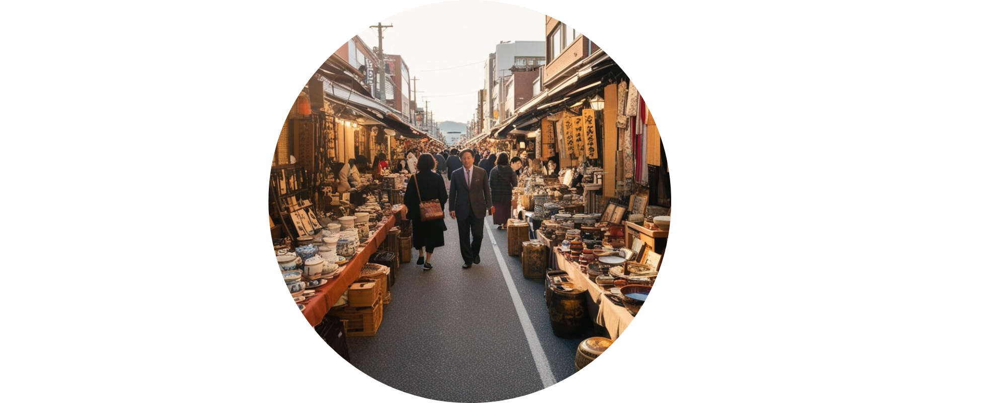 une brocante japonaise de l'ère showa dans une rue d'une ville japonaise. Des stands d'arts de la table et d'antiquités japonaises