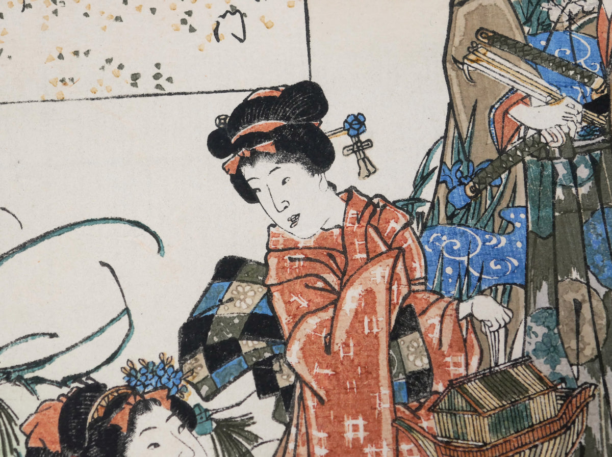 Jeune femme en kimono rouge orangé tenant une cage à grillons dans Suzumushi, ukiyo-e de Kunisada daté de 1852