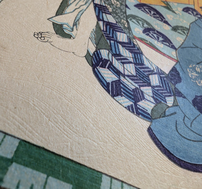 Karazuri en relief représentant des vagues sur une estampe japonaise originale de Kunisada II, nishiki-e de l’époque Edo daté de 1864