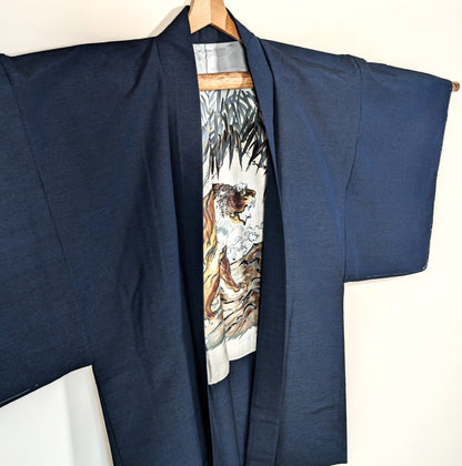 japanese vintage haori silk tsumugi tiger bamboo lining kimono jacket japan