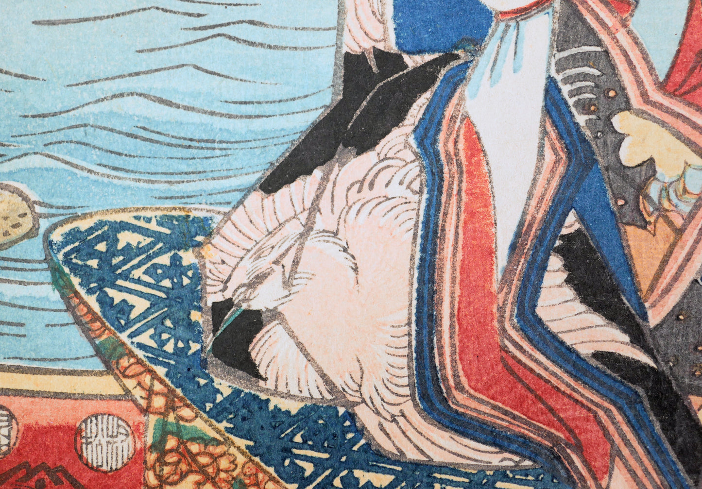 Manche de kimono et coussin décoré auprès d’un noble samouraï, détail Genji-e de Toyokuni III