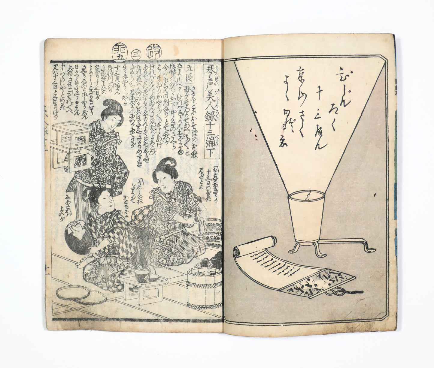 Première page intérieure du Kinsei Bijin-roku treizième partie, gōkan Edo avec sceaux de censure aratame, antiquité japonaise. 