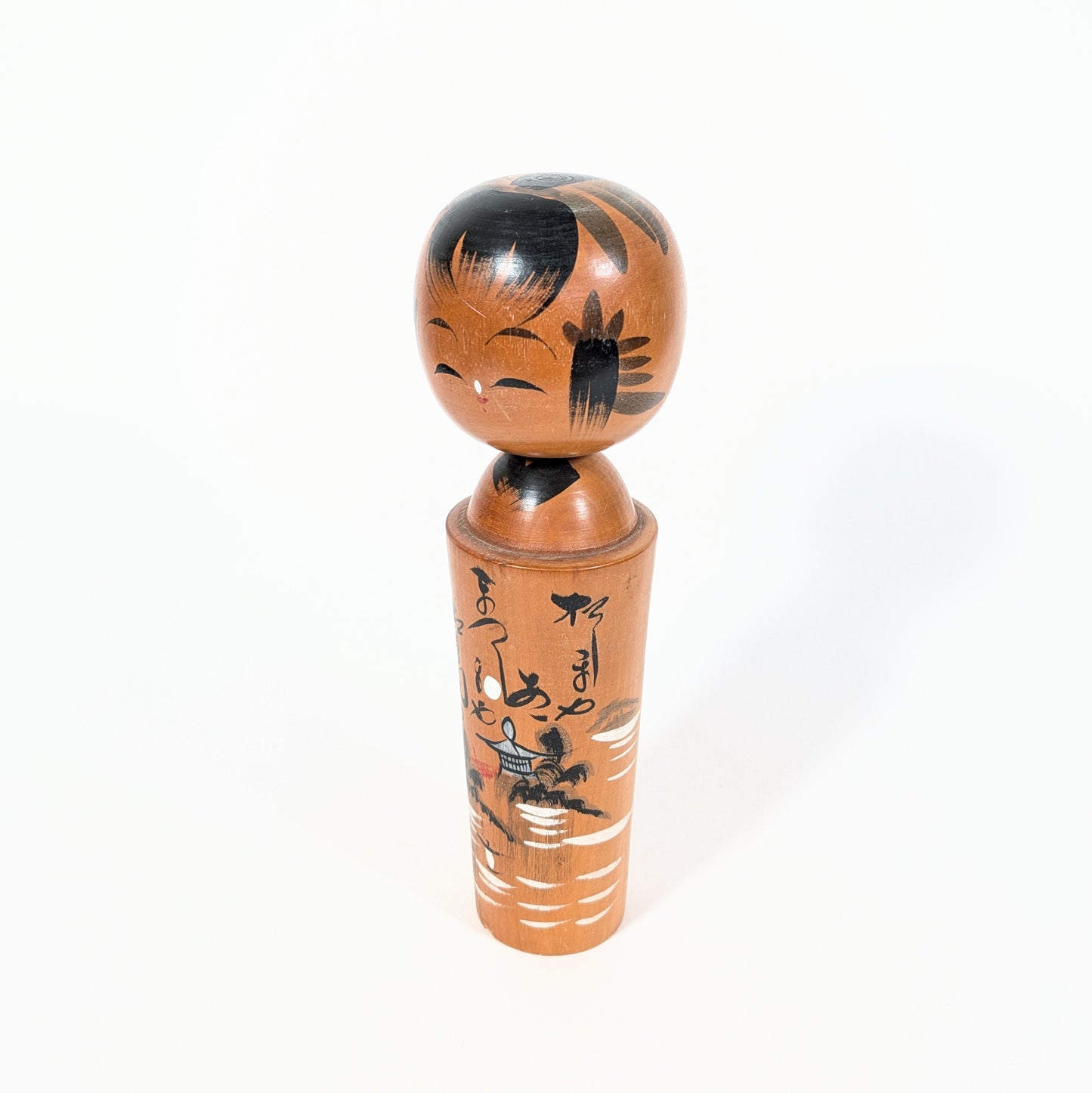 Kokeshi japonaise vintage – Souvenir Omiyage お土産 – Pagode et calligraphie – 24 cm