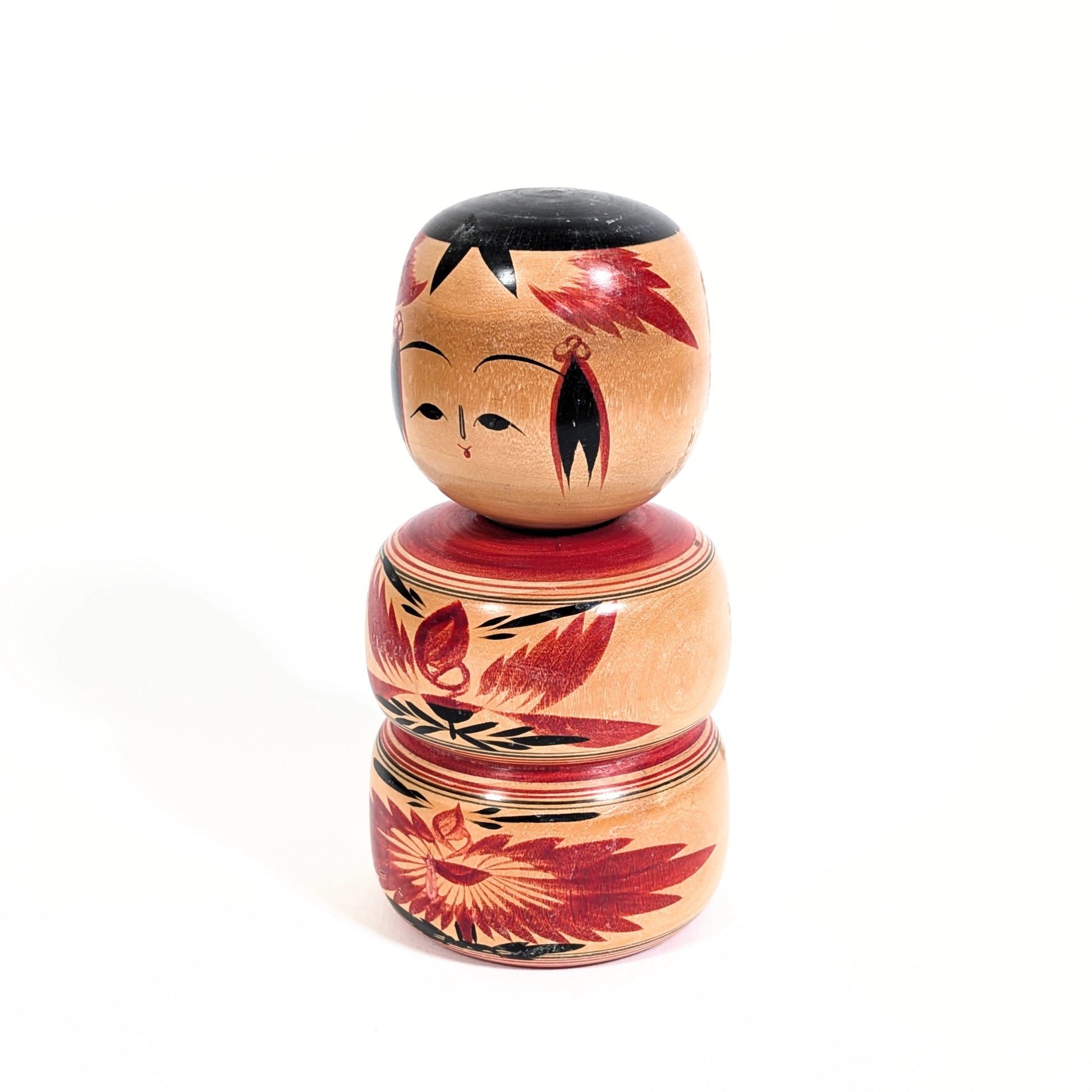 Kokeshi de collection japonaise par Suzuki Toshiyuki, structure double et décor floral peint à la main
