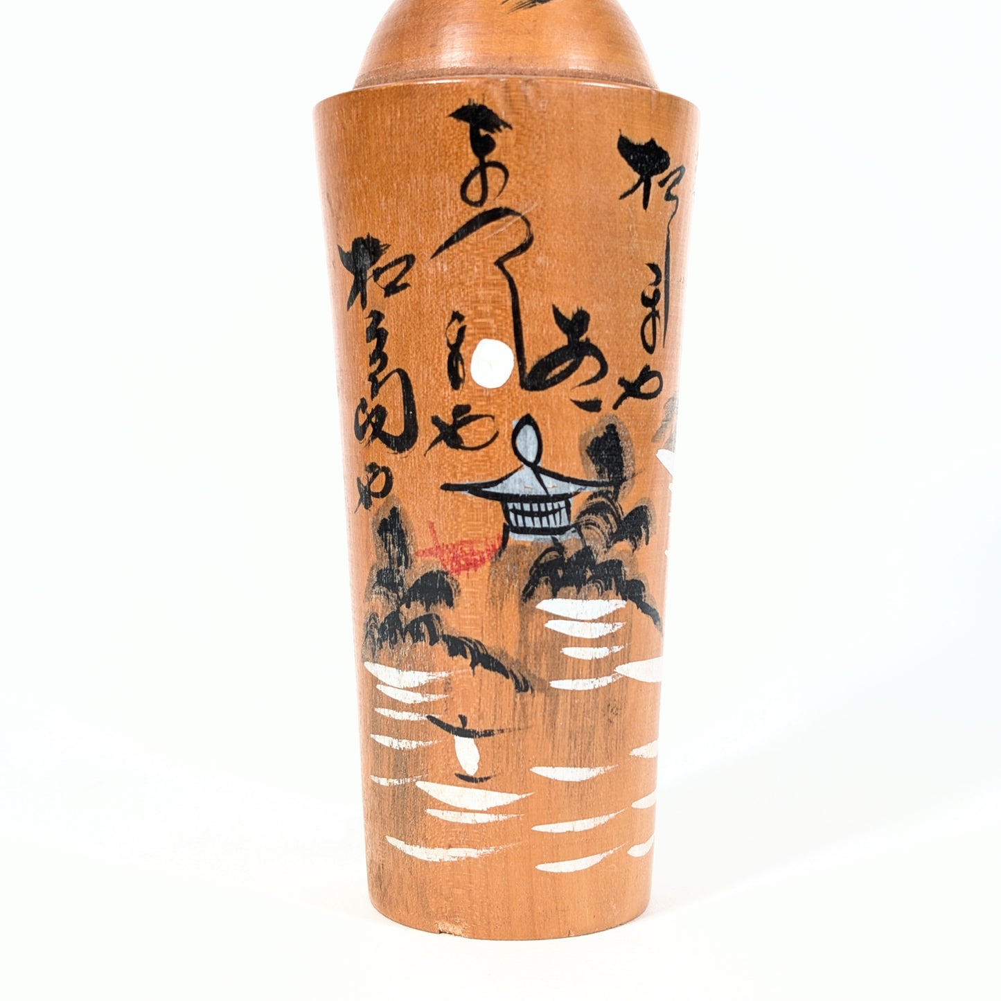 Kokeshi japonaise vintage – Souvenir Omiyage お土産 – Pagode et calligraphie – 24 cm