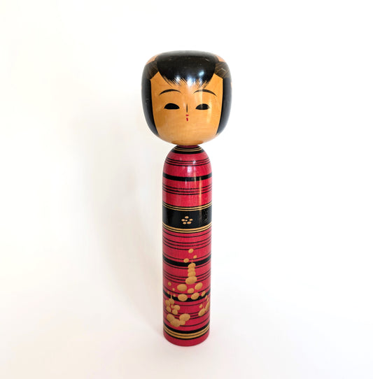 Kokeshi japonaise vintage en bois tourné, vue de face, signée Sasaki Katsumi – poupée japonaise 30,5 cm