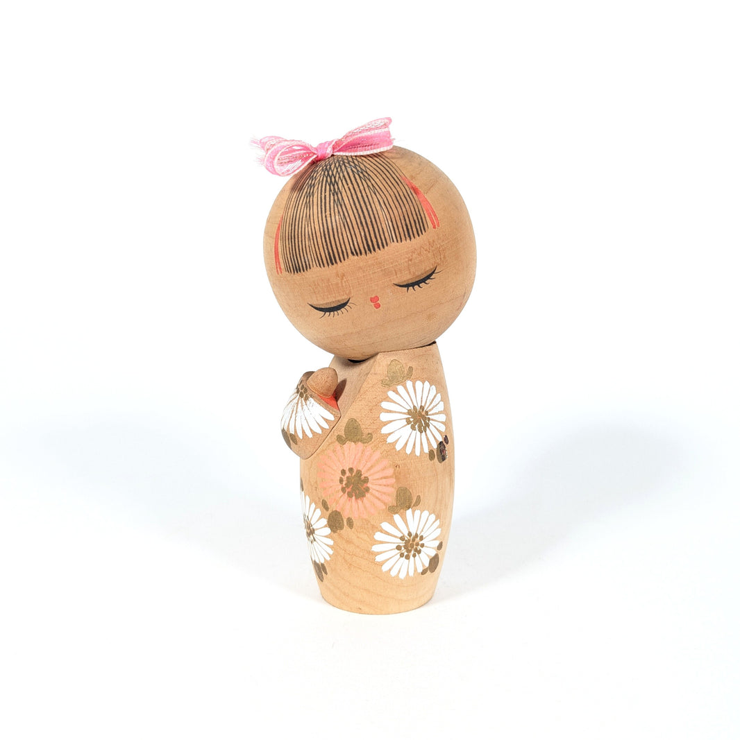 kokeshi japonaise sosaku par aoki ryoka fleurs marguerite hinagiku decoration japonaise vintage artisanat traditionnel