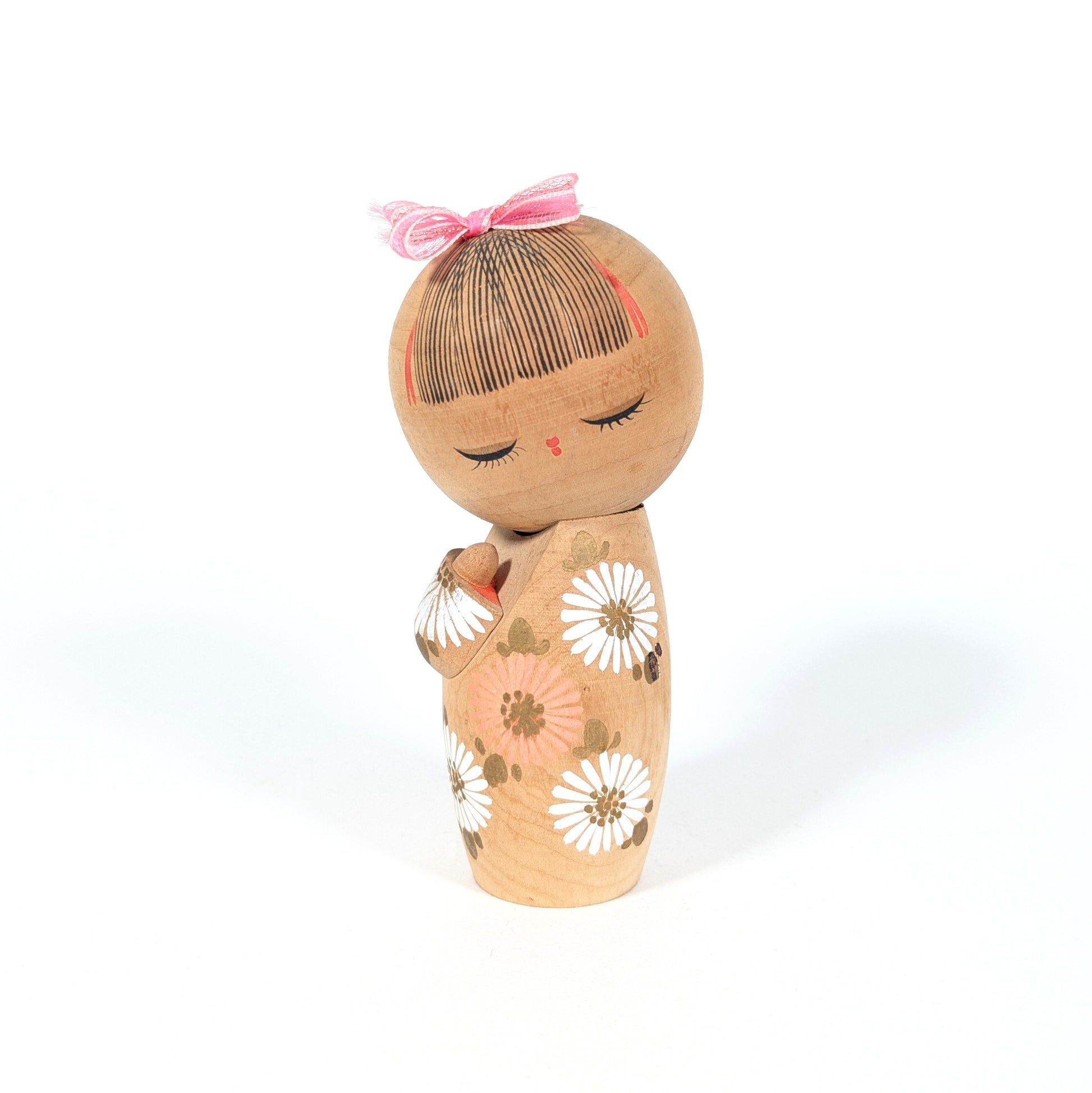 kokeshi japonaise sosaku par aoki ryoka fleurs marguerite hinagiku decoration japonaise vintage artisanat traditionnel
