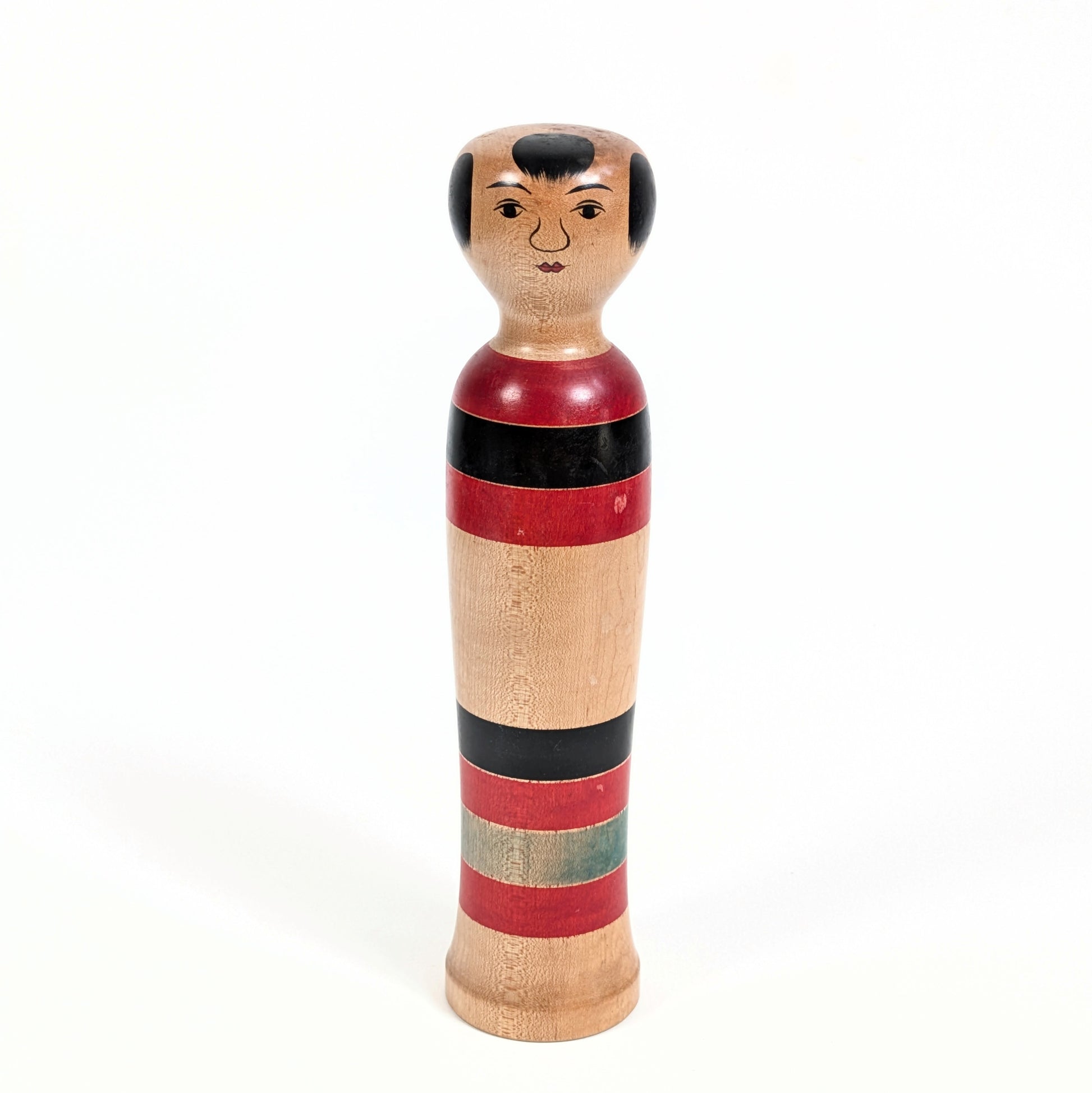 Kokeshi japonaise traditionnelle Kijiyama de Satō Hideichi, poupée en bois de 24,5 cm peinte de bandes rouges et noires
