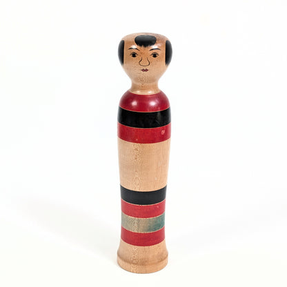 Kokeshi japonaise traditionnelle Kijiyama de Satō Hideichi, poupée en bois de 24,5 cm peinte de bandes rouges et noires