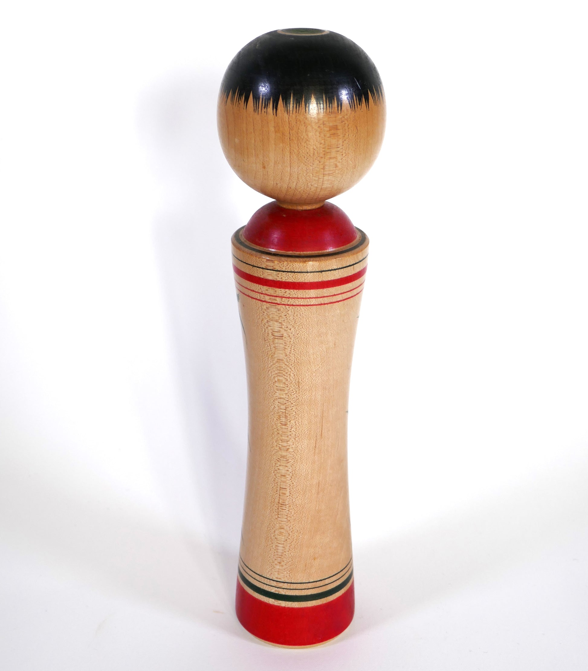 Vue arrière d'une kokeshi japonaise ancienne du style Naruko, sous-style Ginzan Oshin – Mamoru Izu