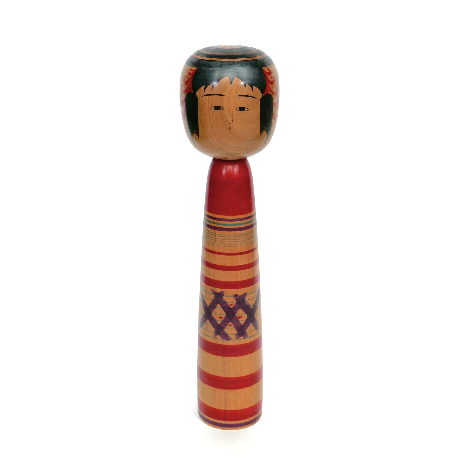 Kokeshi japonaise traditionnelle Tsuchiyu vintage en bois signée Abe Kazue, vue de face, artisanat japonais d’époque Showa.