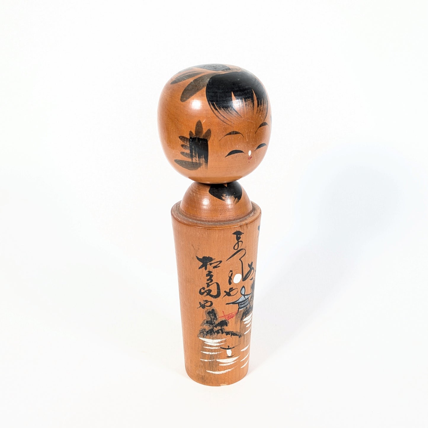 Kokeshi japonaise vintage – Souvenir Omiyage お土産 – Pagode et calligraphie – 24 cm