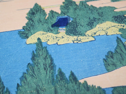 Détail des rives et petits pavillons du lac d’Hakone dans la gravure sur bois japonaise de Hokusai