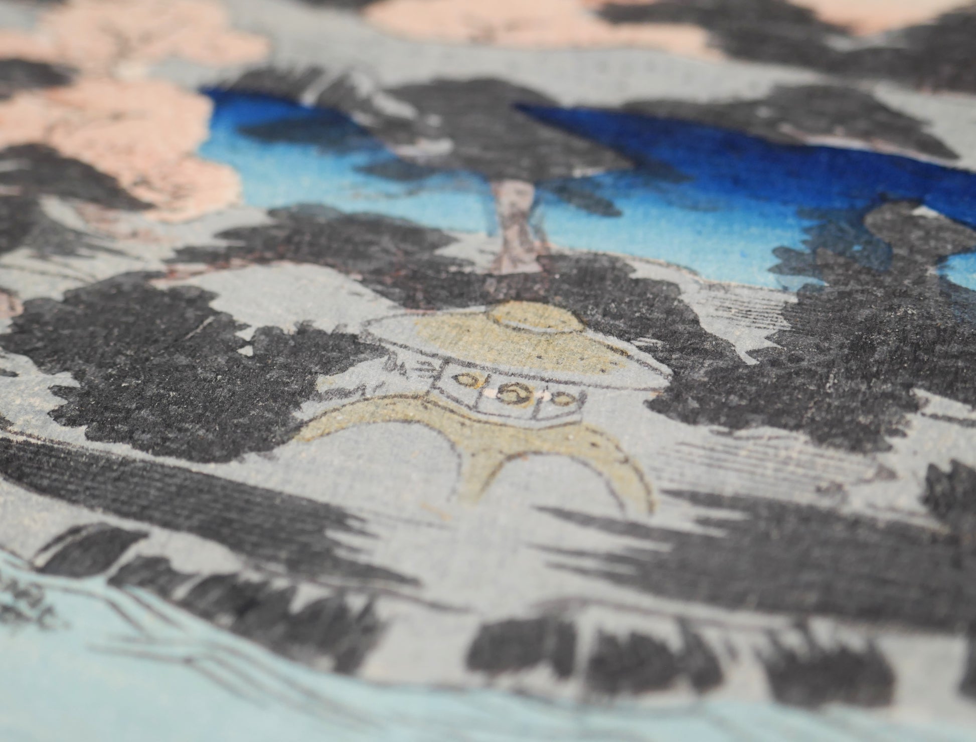 Lanterne de pierre japonaise et texture du papier, détail mokuhanga de Toyokuni III