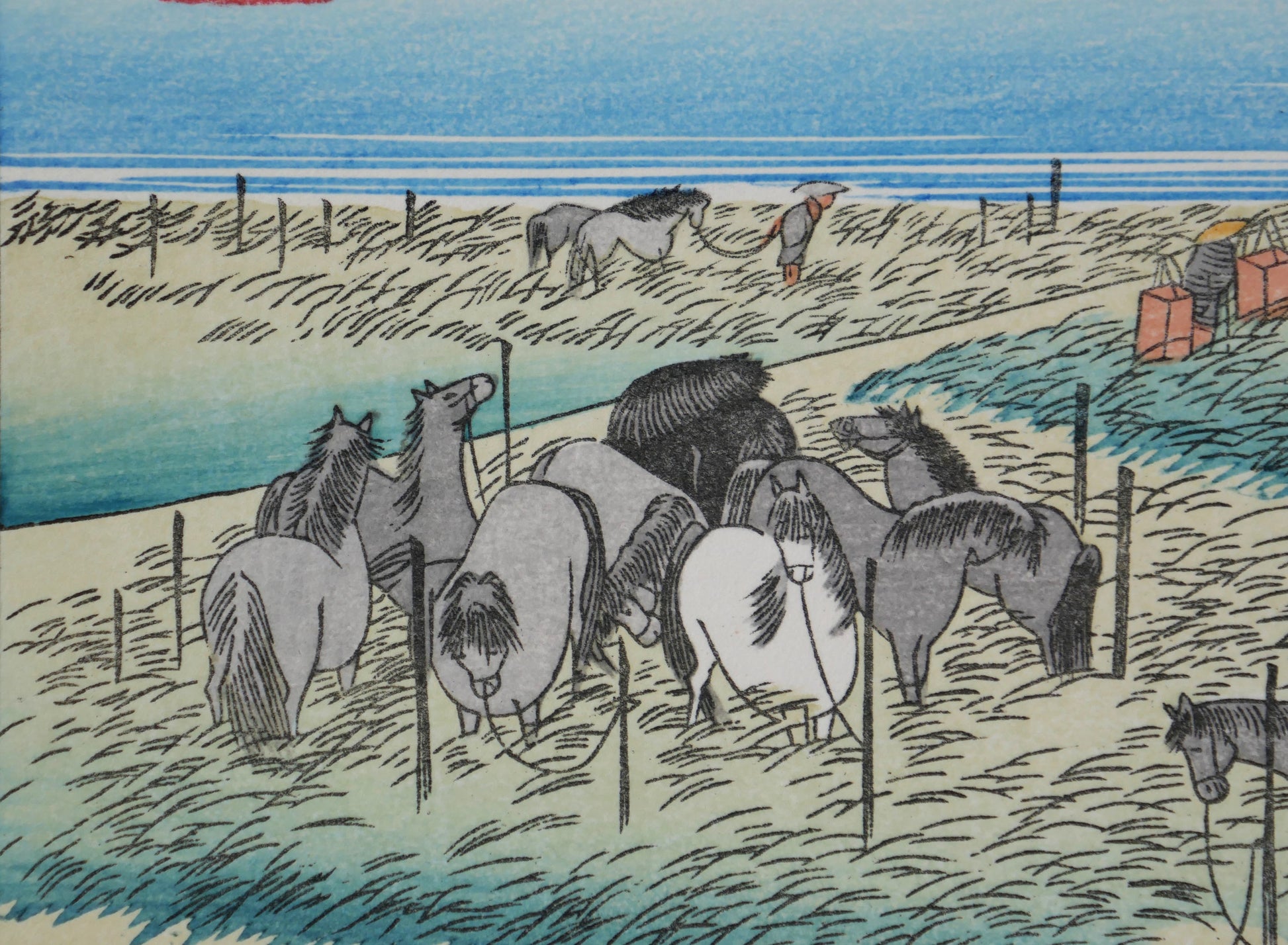 Gros plan sur le marché aux chevaux de Chiryū, gravure japonaise sur bois d’après Hiroshige, réédition Shōwa