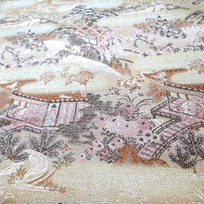 Teintes réelles d’un maru obi ancien en soie : crème ivoire, cuivre et vieux rose