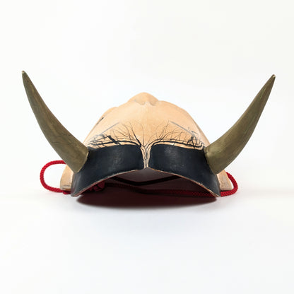 Vue du dessus d'un masque japonais Hannya, montrant les cheveux noirs peints et les deux cornes dorées.