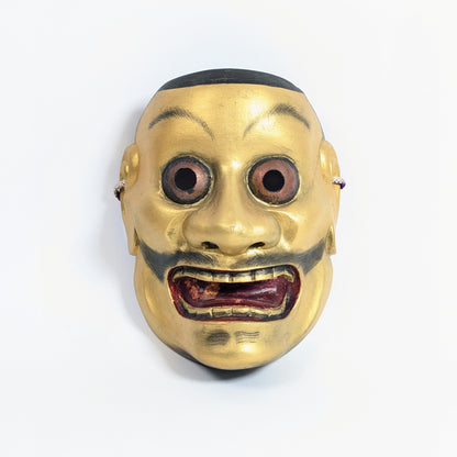Masque Nô japonais Ōtobide 大飛出 en bois sculpté, peint et doré, vue de face