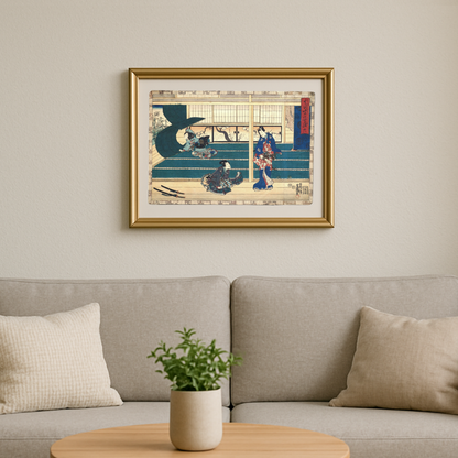 Mise en scène encadrée dans un salon de l'estampe de Kunisada TOyokuni 3 représentant le chapitre 38 du dit du Genji