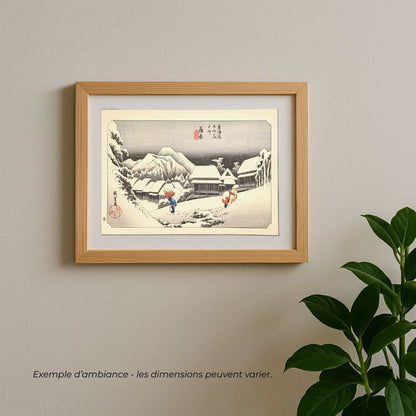 mise en scène de l'estampe de Utagawa Hiroshige représentant la station de Kabara, série les 53 stations du Tokaido.