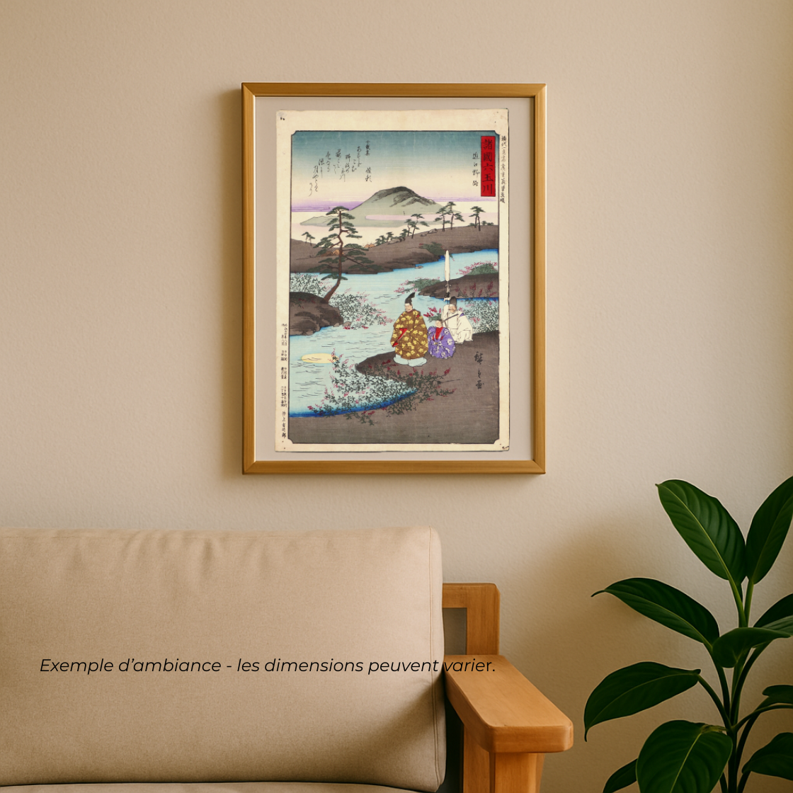 mise en scène dans un salon d'une estampe japonaise authentique de Utagawa Hiroshige I, Ōmi Noji de la série Shokoku Mu Tamagawa, édition Meiji 1891.