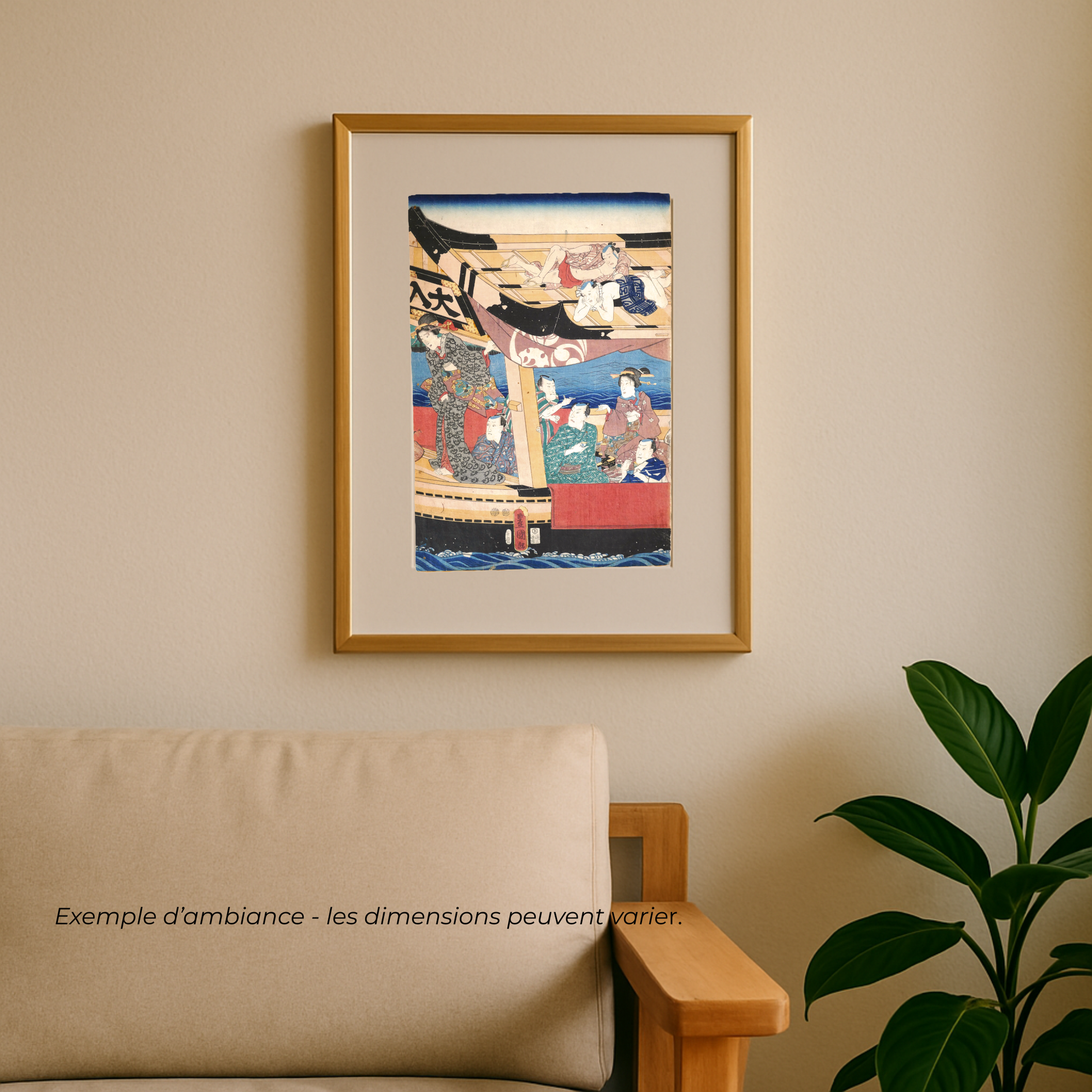 mise en scène encadrée dans un salon de l'estampe japonaise originale Edo yakusha-e par Utagawa Kunisada Toyokuni III, acteurs de kabuki sur le bateau Ôiri-maru. Ukiyo-e authentique