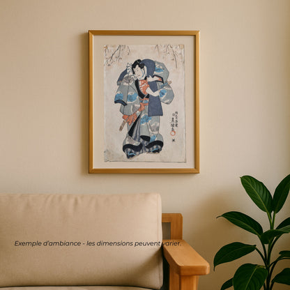 mise en scène dans un salon de l'estampe originale ukiyo-e de Utagawa Kunisada Toyokuni III représentant l'acteur de Kabuki Danjuro dans une scène de 1847