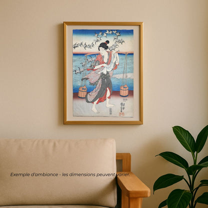 Mise en scène dans un salon de l'estampe Kuniyoshi la Tamagawa aux pluviers