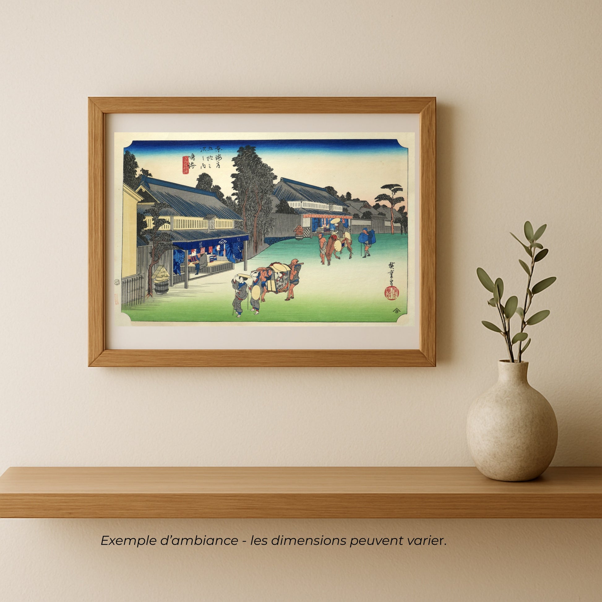 mise en scène dans un salon d'une authentique estampe ukiyo-e de Utagawa Hiroshige représenta Narumi juku de la série les 53 stations du Tokaido par Iwanami Shoten
