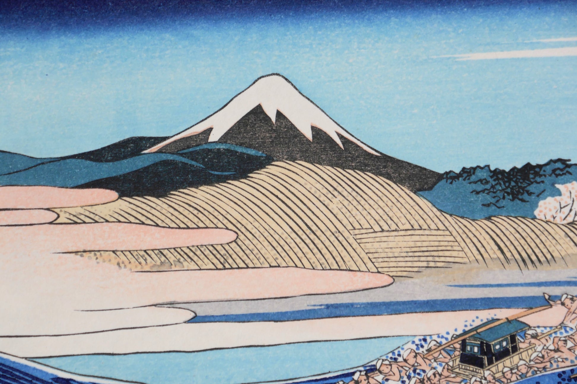Mont Fuji dans Fugaku-sanjūrokkei de Hokusai, véritable réédition japonaise Showa de l’estampe Fuji depuis Kanaya