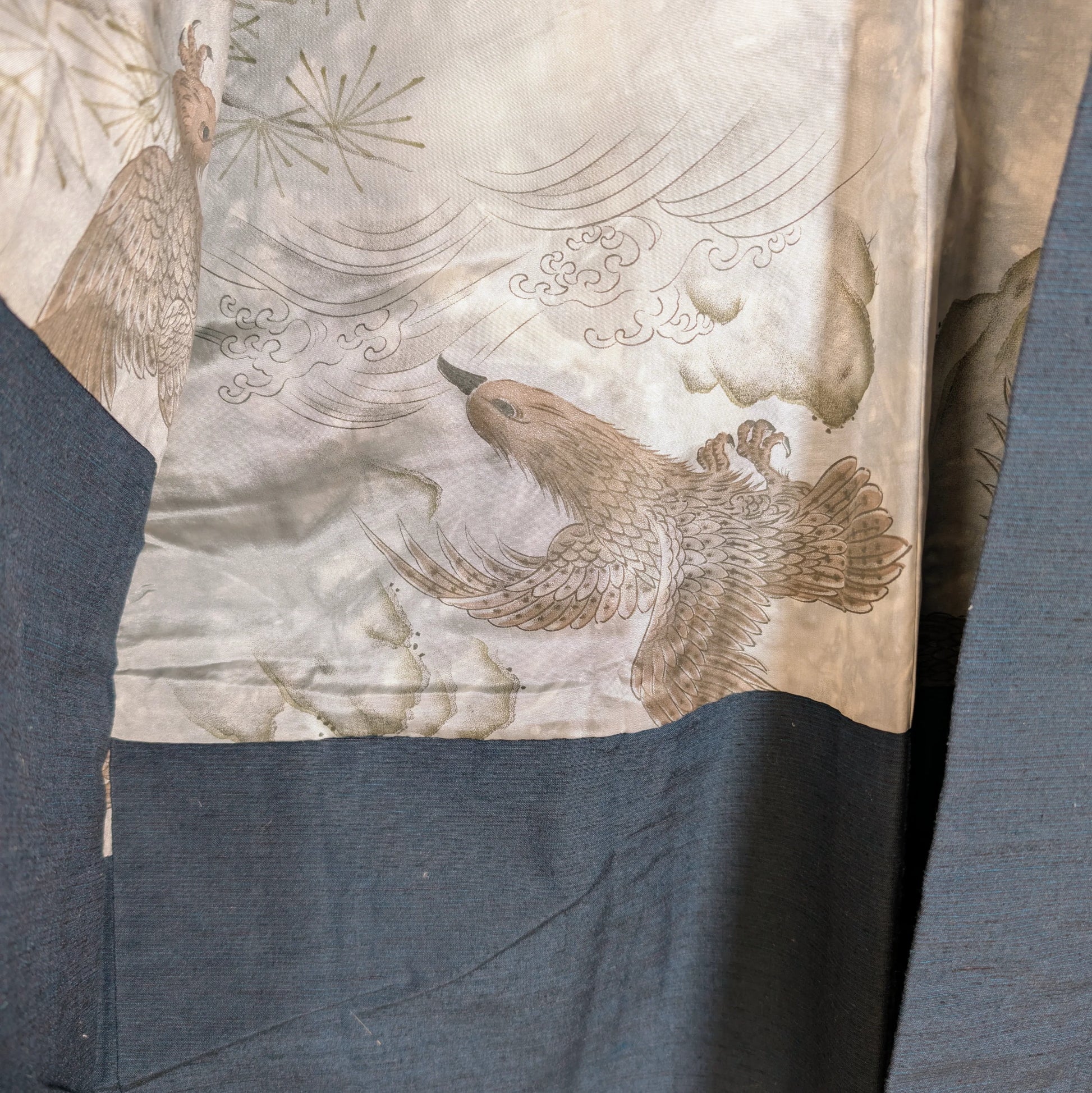 Motif de phénix japonais hōō imprimé sur soie, doublure de haori traditionnel