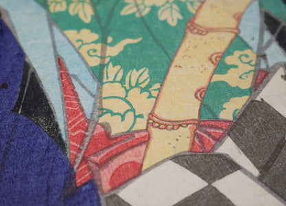 Détail des motifs floraux polychromes du costume, exemple du travail de couleur d’un nishiki-e de Kunichika daté de 1867.