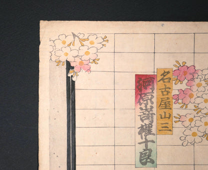 Détail des cartouches japonais identifiant Nagoya Sanza et Kawarazaki Gonjuro I sur une estampe yakusha-e originale de Kunisada Toyokuni III.