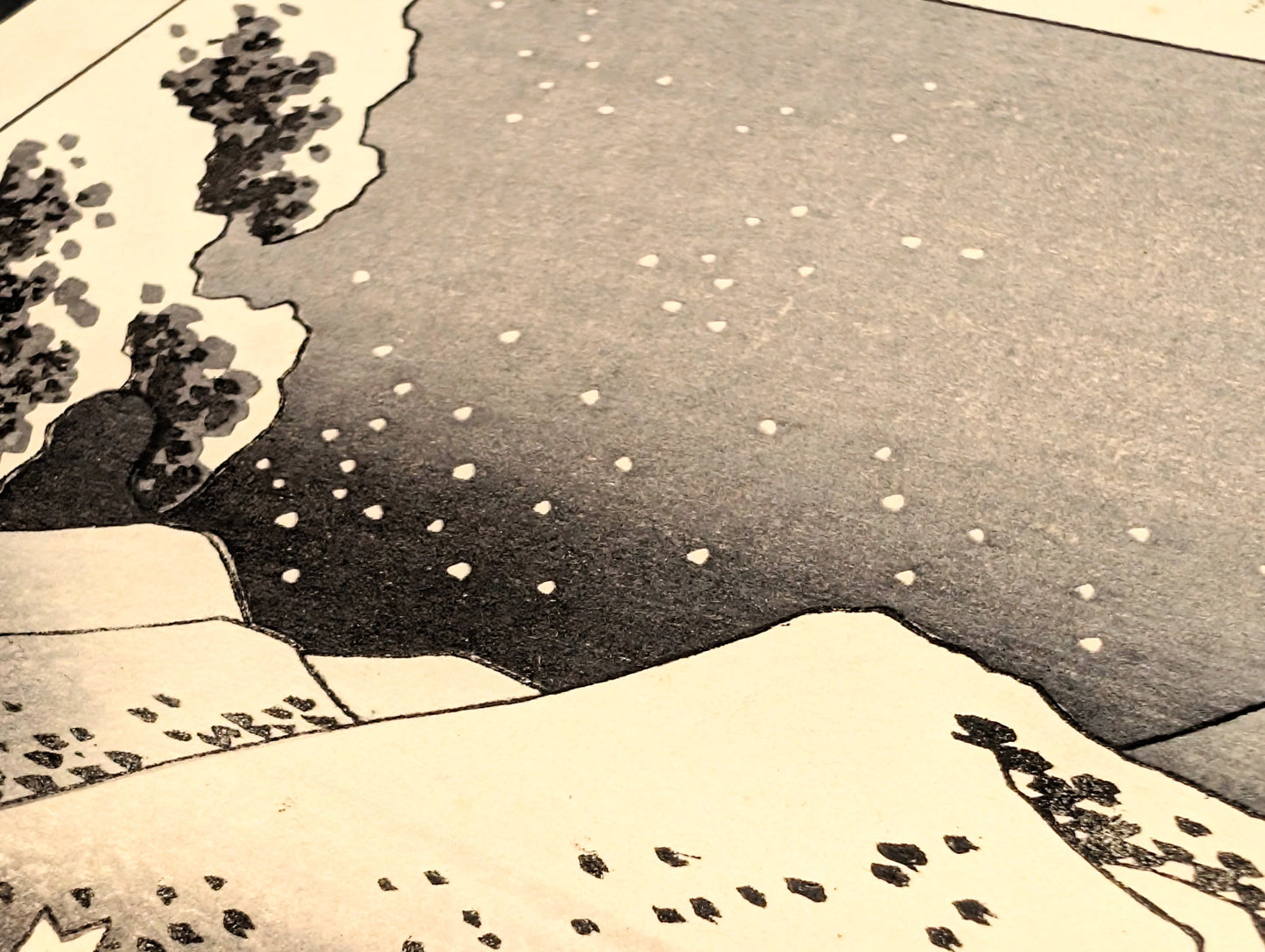 Effet de neige nocturne dans l’estampe Kanbara Yoru no Yuki de Hiroshige, série du Grand Tōkaidō
