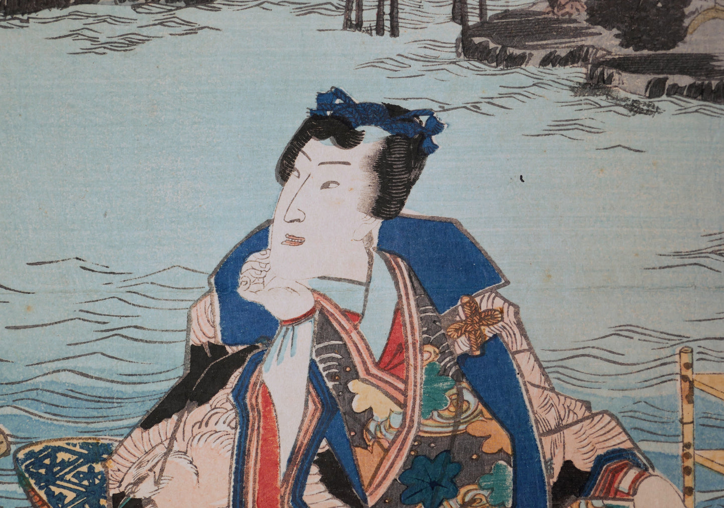 Noble samouraï coiffé d’un chonmage et vêtu d’un riche kimono, détail d’un ukiyo-e de Toyokuni III