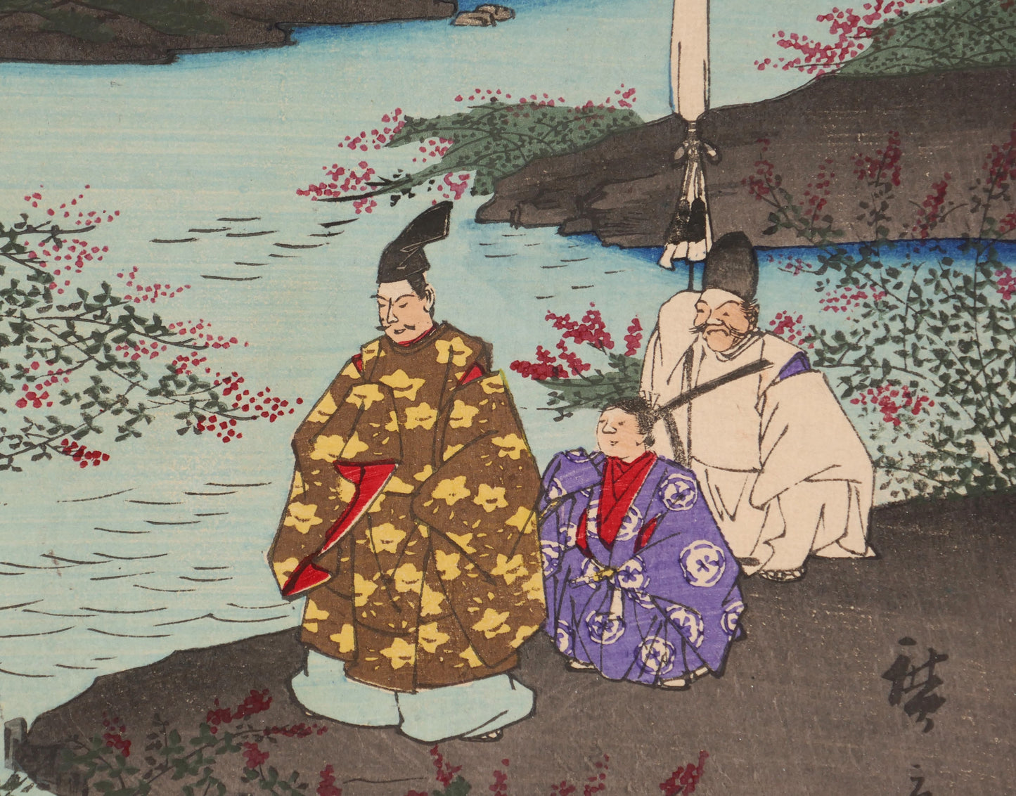 Détail de nobles japonais et de fleurs de hagi sur une estampe ukiyo-e authentique de Hiroshige I, édition Meiji.