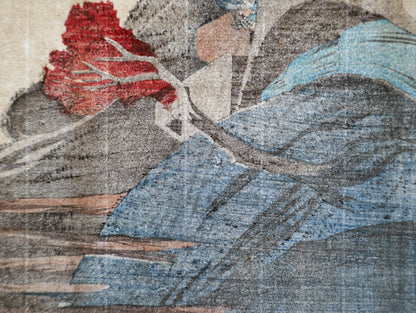 Vue du papier washi en lumière forte montrant la trame et la texture de l’estampe japonaise de Hiroshige – réédition Showa