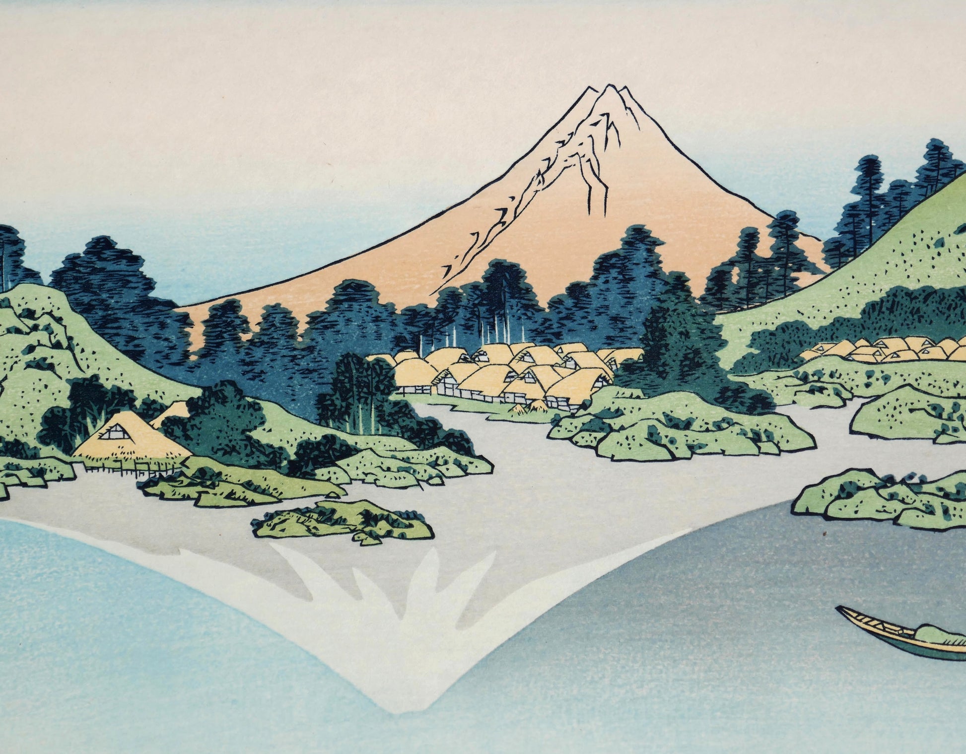 Paysage japonais avec mont Fuji, villages traditionnels et lac Kawaguchi dans une véritable estampe japonaise de Hokusai.