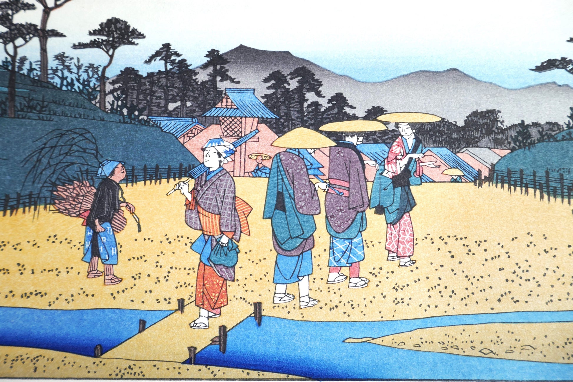 Groupe de personnages au carrefour de Kusatsu sur estampe de Hiroshige, route du Kisokaidō