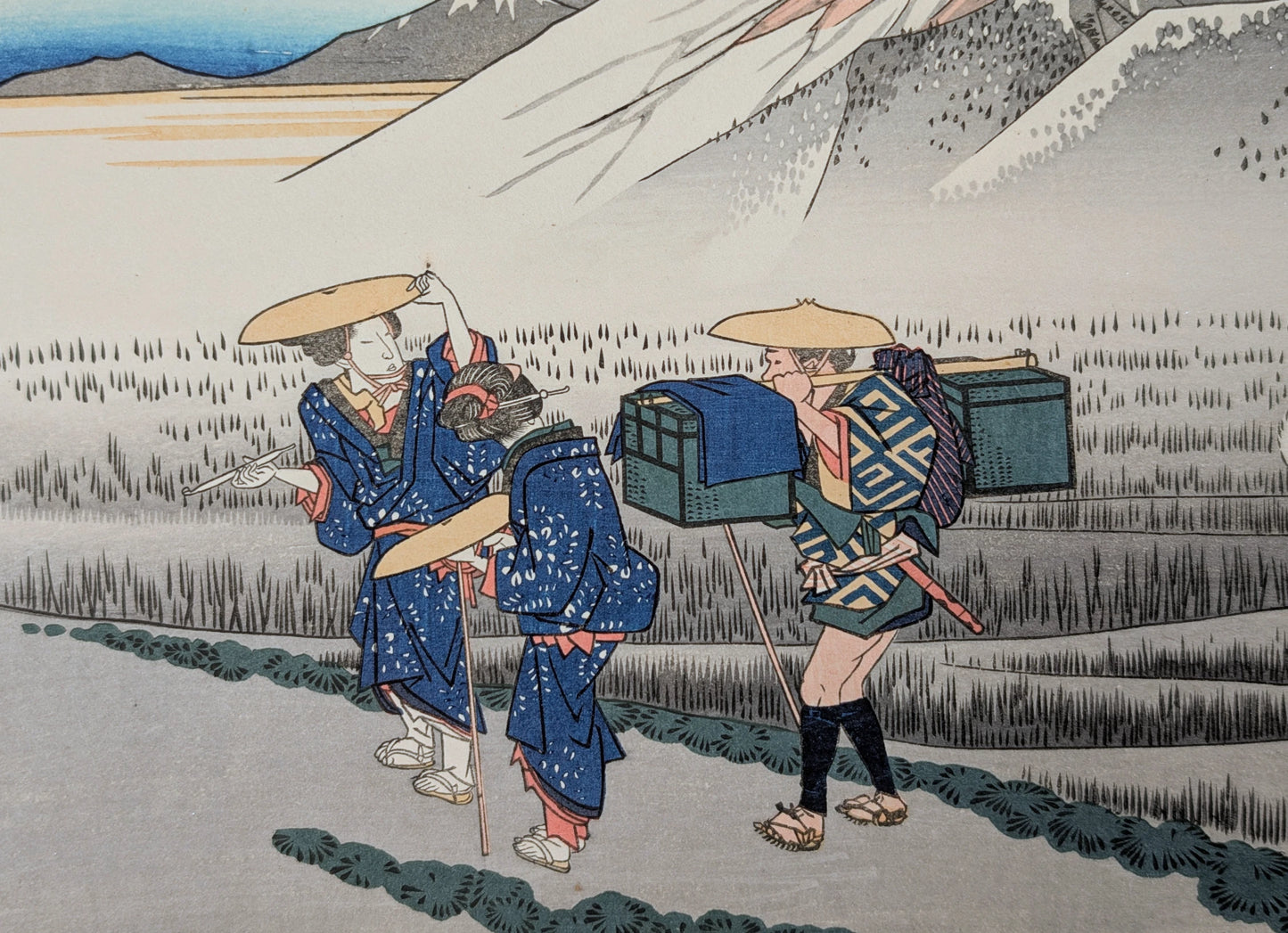 Personnages en vêtements traditionnels Edo dans une estampe japonaise de Hiroshige, station Hara du Tokaido